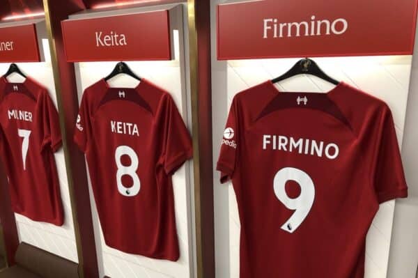 Liverpool dressing room Anfield changing room shirt shirts Firmino Keita