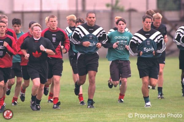 Liverpool players during a training session at the club's Melwood Training Ground. Sammy Lee, xxxx, Stan Collymore, xxxx, Jamie Redknapp. (Pic by David Rawcliffe/Propaganda)