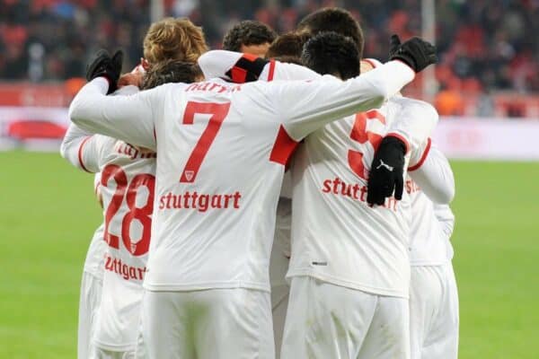 04.02.2012, Bayarena, Leverkusen, GER, 1. FBL, Bayer 04 Leverkusen vs VFB Stuttgart, 20. Spieltag, im Bild Stuttgarter Jubeltraube nach dem spaeten Ausgleichstreffer, mitten drin Torschuetze Martin Harnik ( Nr 7 VFB Stuttgart/ Action/ Aktion ) // during the German Bundesliga Match between Bayer 04 Leverkusen and VFB Stuttgart at the Bayarena in Leverkusen, Germany, 2012/02/04. EXPA Pictures © 2012, PhotoCredit: EXPA/ Eibner/ Thomas Thienel..***** ATTENTION - OUT OF GER *****