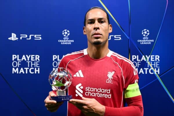 FRANKFURT AM MAIN, GERMANY - OCTOBER 22: Virgil van Dijk of Liverpool poses for a photo with the PlayStation Player Of The Match award after the team's victory during the UEFA Champions League 2025/26 League Phase MD3 match between Eintracht Frankfurt and Liverpool FC at Frankfurt Stadion on October 22, 2025 in Frankfurt am Main, Germany. (Photo by Oliver Hardt - UEFA/UEFA via Getty Images)