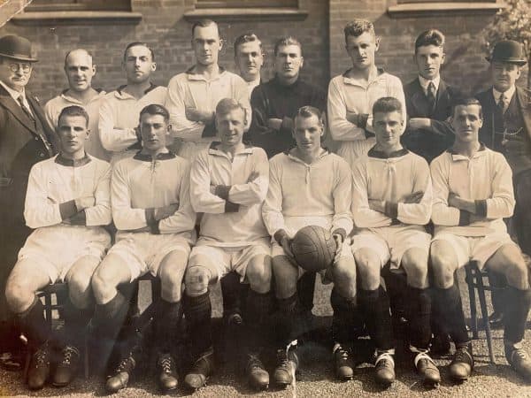 (Please credit within piece: The Bromilow family) Gordon Hodgson, Elisha Scott and Tom Bromilow, Liverpool squad photo 1928/29