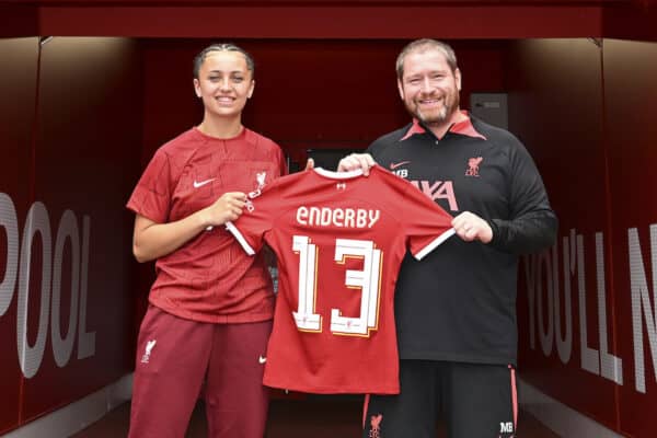 Liverpool FC Women sign Mia Enderby with manager Matt Beard at Anfield, 28/06/23.

Photo: Nick Taylor/LFC