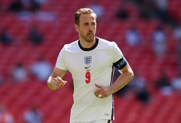 LONDON, ENGLAND - JUNE 13: Harry Kane of England looks on during the UEFA Euro 2020 Championship Group D match between England and Croatia at Wembley Stadium on June 13, 2021 in London, England. (Photo by Shaun Botterill - UEFA/UEFA via Getty Images)