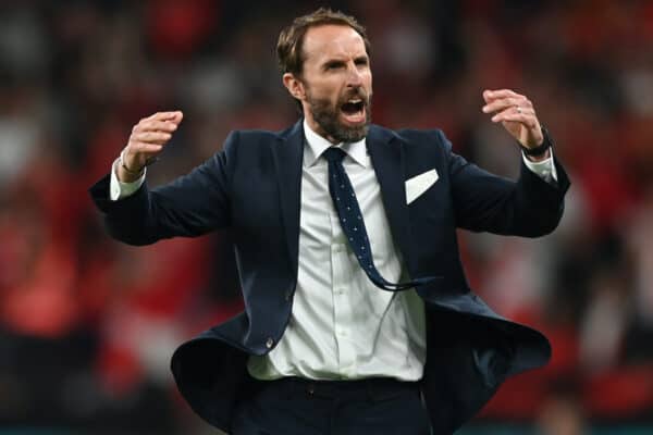 LONDON, ENGLAND - JULY 07: Gareth Southgate, Head Coach of England reacts during the UEFA Euro 2020 Championship Semi-final match between England and Denmark at Wembley Stadium on July 07, 2021 in London, England. (Photo by Shaun Botterill - UEFA)