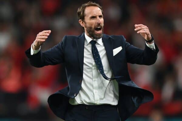 LONDON, ENGLAND - JULY 07: Gareth Southgate, Head Coach of England reacts during the UEFA Euro 2020 Championship Semi-final match between England and Denmark at Wembley Stadium on July 07, 2021 in London, England. (Photo by Shaun Botterill - UEFA)