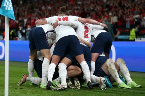 LONDON, ENGLAND - JULY 07: Harry Kane of England (obstructed) celebrates with teammates after scoring their team's second goal during the UEFA Euro 2020 Championship Semi-final match between England and Denmark at Wembley Stadium on July 07, 2021 in London, England. (Photo by Alex Morton - UEFA)