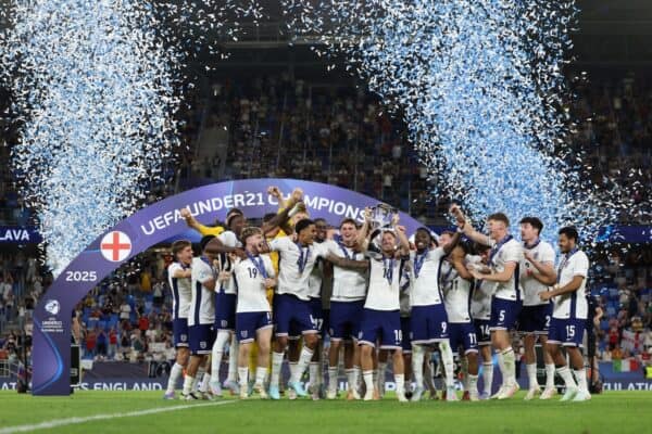 BRATISLAVA, SLOVAKIA - JUNE 28: James McAtee of England lifts the UEFA European Under-21 Championship trophy after his team's victory in the UEFA European Under-21 Championship 2025 Final match between England and Germany at National Football stadium on June 28, 2025 in Bratislava, Slovakia. (Photo by Boris Streubel - UEFA/UEFA via Getty Images)