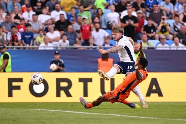 BRATISLAVA, SLOVAKIA - JUNE 25: Harvey Elliott of England scores his team's first goal during the UEFA European Under-21 Championship 2025 Semi-Final match between England and Netherlands at National Football stadium on June 25, 2025 in Bratislava, Slovakia. (Photo by Tullio Puglia - UEFA/UEFA via Getty Images)