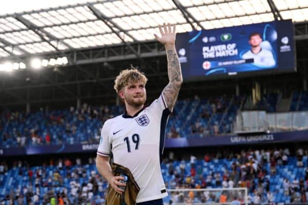 BRATISLAVA, SLOVAKIA - JUNE 25: Harvey Elliott of England acknowledges the fans following victory in the UEFA European Under-21 Championship 2025 Semi-Final match between England and Netherlands at National Football stadium on June 25, 2025 in Bratislava, Slovakia. (Photo by Tullio Puglia - UEFA/UEFA via Getty Images)