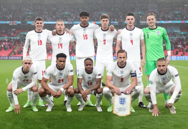 LONDON, ENGLAND - JUNE 18: Players of England pose for a team photograph prior to the UEFA Euro 2020 Championship Group D match between England and Scotland at Wembley Stadium on June 18, 2021 in London, England. (Photo by Alex Morton - UEFA/UEFA via Getty Images)