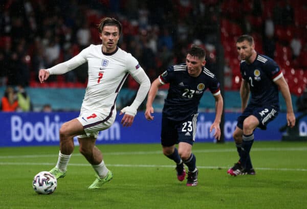 LONDON, ENGLAND - JUNE 18: Jack Grealish of England runs with the ball whilst under pressure from Billy Gilmour of Scotland during the UEFA Euro 2020 Championship Group D match between England and Scotland at Wembley Stadium on June 18, 2021 in London, England. (Photo by Alex Morton - UEFA/UEFA via Getty Images)