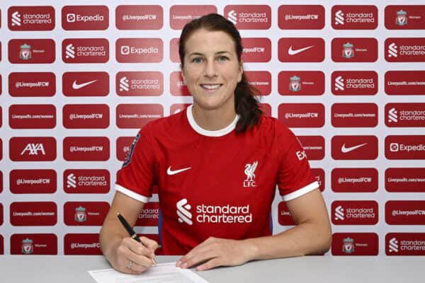 Liverpool FC Women Captain Niamh Fahey signs a contract extension at Solar Campus, 06/06/23. Photo: Nick Taylor/LFC