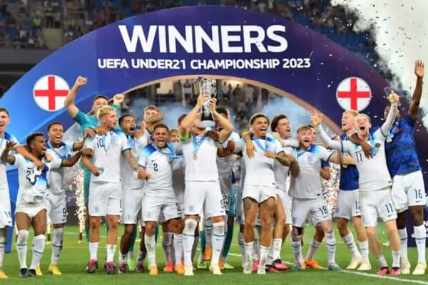 England players celebrate with the trophy following the Euro Under-21 Championship final at the Adjarabet Arena in Batumi, Georgia. Picture date: Saturday July 8, 2023. PA Wire/PA Wire/PA Images