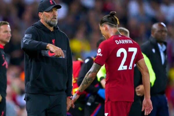 Liverpool's Darwin Nunez (right) walks past manager Jurgen Klopp as he leaves the pitch after receiving a red card during the Premier League match at Anfield, Liverpool. Picture date: Monday August 15, 2022. Peter Byrne/PA Wire/PA Images