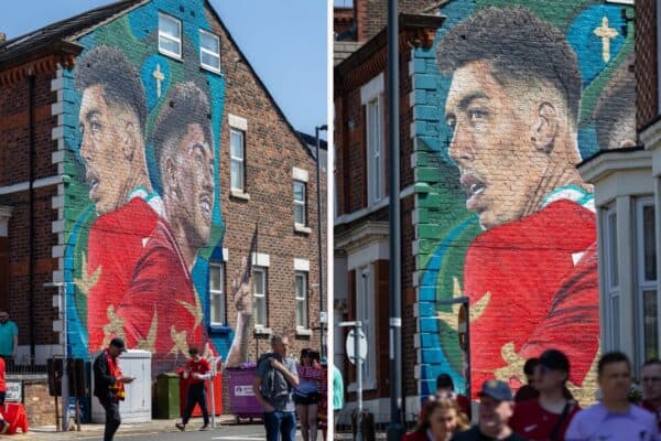 LIVERPOOL, ENGLAND - Saturday, May 20, 2023: A new street art mural for Liverpool's Roberto Firmino seen before the FA Premier League match between Liverpool FC and Aston Villa FC at Anfield. (Pic by David Rawcliffe/Propaganda)