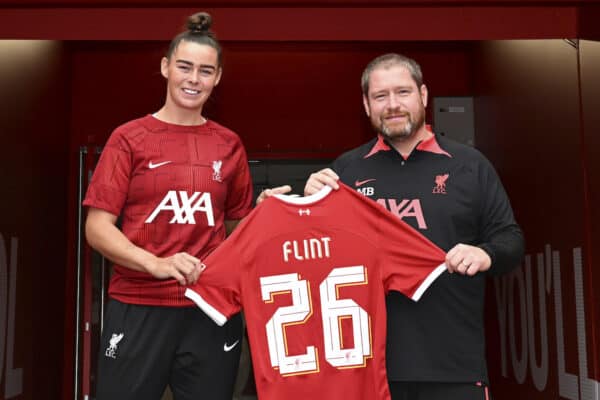 Liverpool FC Women sign Natasha Flint with manager Matt Beard at Anfield, 27/06/23. Photo: Nick Taylor/LFC