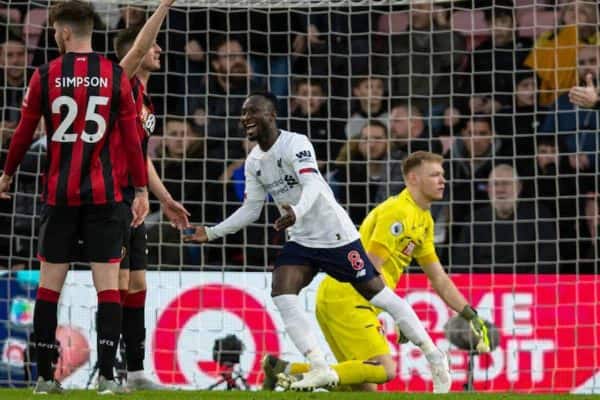 BOURNEMOUTH, ENGLAND - Saturday, December 7, 2019: Liverpool's Naby Keita celebrates scoring the second goal during the FA Premier League match between AFC Bournemouth and Liverpool FC at the Vitality Stadium. (Pic by David Rawcliffe/Propaganda)