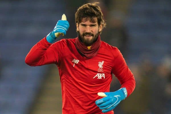 LEICESTER, ENGLAND - Thursday, December 26, 2019: Liverpool's goalkeeper Alisson Becker during the pre-match warm-up before the FA Premier League match between Leicester City FC and Liverpool FC at the King Power Stadium. (Pic by David Rawcliffe/Propaganda)