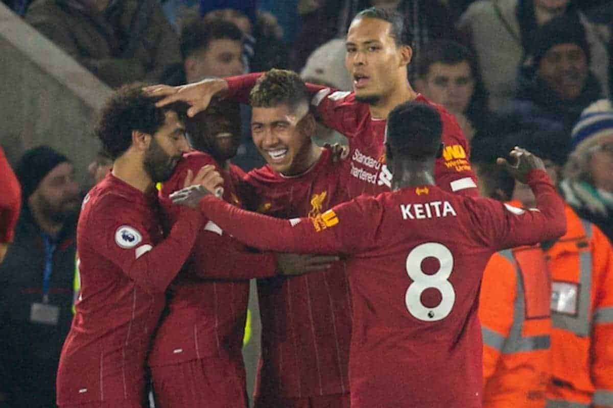 LEICESTER, ENGLAND - Thursday, December 26, 2019: Liverpool's Roberto Firmino celebrates scoring the first goal during the FA Premier League match between Leicester City FC and Liverpool FC at the King Power Stadium. (Pic by David Rawcliffe/Propaganda)