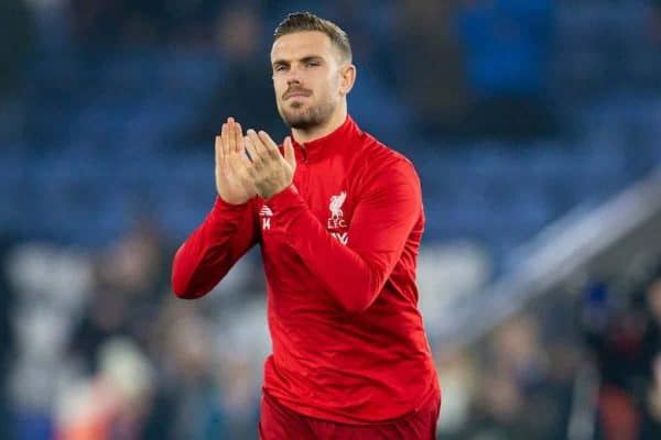 LEICESTER, ENGLAND - Thursday, December 26, 2019: Liverpool's captain Jordan Henderson during the pre-match warm-up before the FA Premier League match between Leicester City FC and Liverpool FC at the King Power Stadium. (Pic by David Rawcliffe/Propaganda)