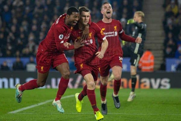 LEICESTER, ENGLAND - Thursday, December 26, 2019: Liverpool's James Milner (C) scores the second goal, from a penalty kick, with team-mate Georginio Wijnaldum (L) and captain Jordan Henderson (R) during the FA Premier League match between Leicester City FC and Liverpool FC at the King Power Stadium. (Pic by David Rawcliffe/Propaganda)