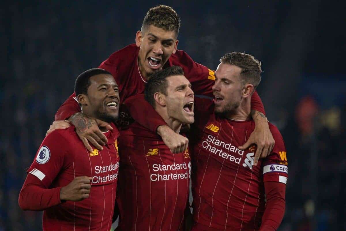 LEICESTER, ENGLAND - Thursday, December 26, 2019: Liverpool's James Milner (C) celebrates scoring the second goal, from a penalty kick, with team-mate Georginio Wijnaldum (L), captain Jordan Henderson (R) and Roberto Firmino (top) during the FA Premier League match between Leicester City FC and Liverpool FC at the King Power Stadium. (Pic by David Rawcliffe/Propaganda)