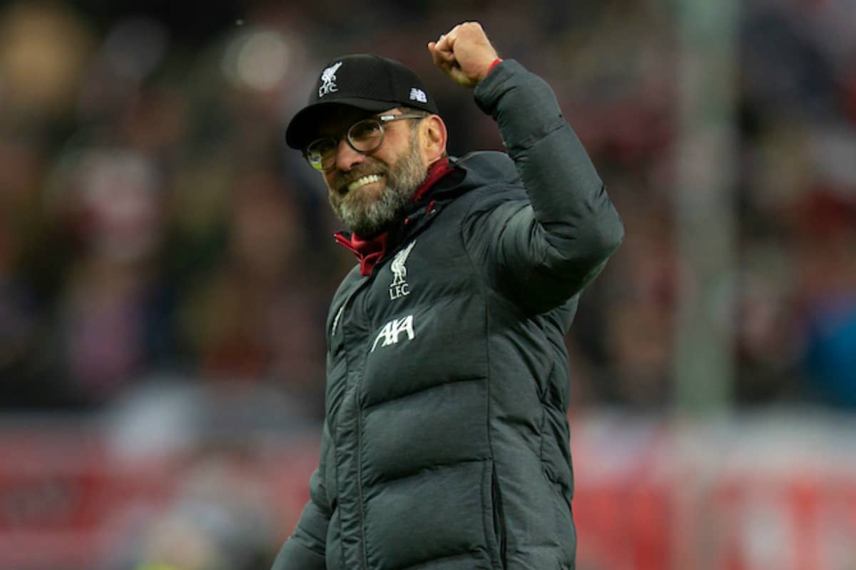 SALZBURG, AUSTRIA - Tuesday, December 10, 2019: Liverpool's manager Jürgen Klopp celebrates afterfinal UEFA Champions League Group E match between FC Salzburg and Liverpool FC at the Red Bull Arena. Liverpoolwon 2-0. (Pic by David Rawcliffe/Propaganda)