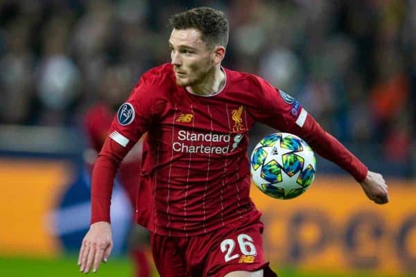 SALZBURG, AUSTRIA - Tuesday, December 10, 2019: Liverpool's Andy Robertson during the final UEFA Champions League Group E match between FC Salzburg and Liverpool FC at the Red Bull Arena. (Pic by David Rawcliffe/Propaganda)