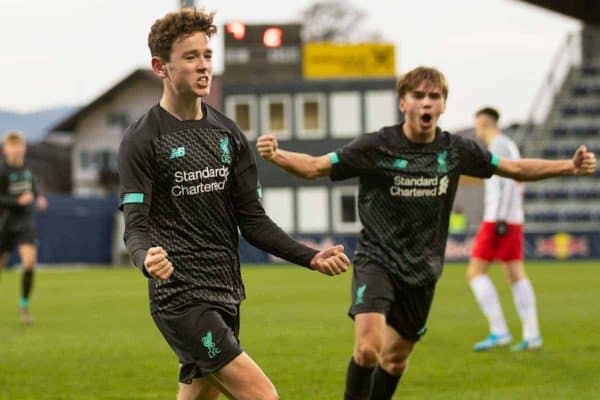 GRÖDIG, AUSTRIA - Tuesday, December 10, 2019: Liverpool's Tom Hill celebrates scoring the second goal during the final UEFA Youth League Group E match between FC Salzburg and Liverpool FC at the Untersberg-Arena. (Pic by David Rawcliffe/Propaganda)