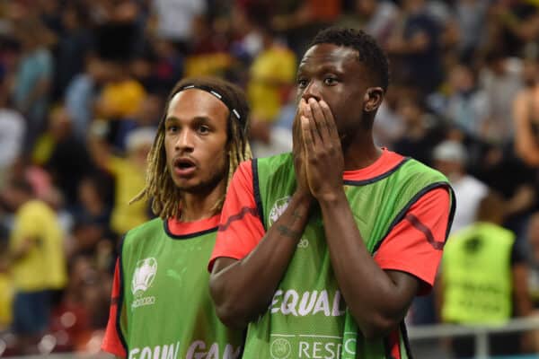 BUCHAREST, ROMANIA - JUNE 28: Kevin Mbabu and Denis Zakaria of Switzerland look dejected after the missed penalty during the UEFA Euro 2020 Championship Round of 16 match between France and Switzerland at National Arena on June 28, 2021 in Bucharest, Romania. (Photo by Alex Caparros - UEFA)