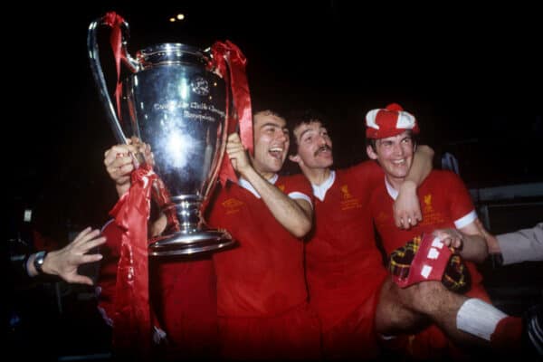 May 1978, London, European Cup final: Liverpool's Ray Kennedy, Graeme Souness and winning goalscorer Kenny Dalglish celebrate. (Image: PA Images / Alamy Stock Photo)