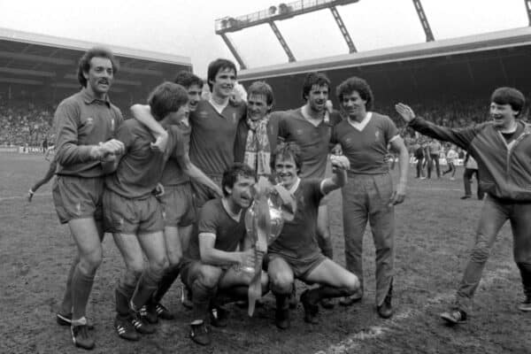 G72RJ8 Anfield celebration for Liverpool May 1982, champions again for a record 13th time, sporting the League Cup, after beating Tottenham Hotspur, 3-1. (PA Images / Alamy Stock Photo)