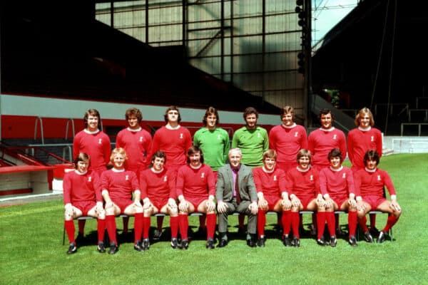 GAP72K Soccer - Football League Division One - Liverpool Photocall. Liverpool first team squad: (back row, l-r) Chris Lawler, Phil Boersma, Larry Lloyd, Ray Clemence, Frank Lane, John Toshack, Ray Kennedy, Phil Thompson; (front row, l-r) Brian Hall, Alec Lindsay, Ian Callaghan, Tommy Smith, manager Bill Shankly, Emlyn Hughes, Steve Heighway, Peter Cormack, Kevin Keegan. Liverpool FC squad photo season 1974/75 - 1970s