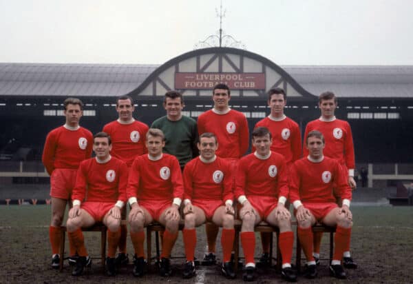 Liverpool FC squad photo 1965 - 1960s: (back row, l-r) Gordon Milne, Gerry Byrne, Tommy Lawrence, Ron Yeats, Chris Lawler, Wilf Stevenson; (front row, l-r) Ian Callaghan, Roger Hunt, Ian St John, Tommy Smith, Peter Thompson (PA Images / Alamy Stock Photo)