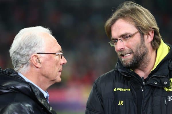 26.03.2011, Allianz Arena, Muenchen, GER, 1.FBL, FC Bayern Muenchen vs Borussia Dortmund, im Bild  Franz Beckenbauer (Bayern) mit Jürgen (Juergen) Klopp (Trainer BVB) , EXPA Pictures © 2011, PhotoCredit: EXPA/ nph/  Straubmeier       ****** out of GER / SWE / CRO  / BEL ******