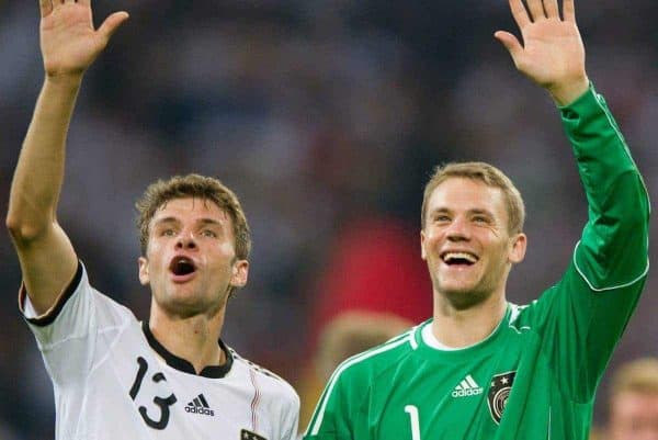 02.09.2011, Veltins Arena, Gelsenkrichen, GER, UEFA EURO 2012 Qualifikation, Deutschland (GER) vs Oesterreich (AUT), im Bild Thomas Müller / Mueller (GER, Bayern Muenchen) und Torwart Manuel Neuer (GER, Bayern Muenchen) jubeln nach dem Sieg // during the UEFA Euro 2012 qualifying round Germany vs Austria at Veltins Arena, Gelsenkirchen 2011-09-02 EXPA Pictures © 2011, PhotoCredit: EXPA/ nph/ Kurth ****** out of GER / CRO / BEL ******