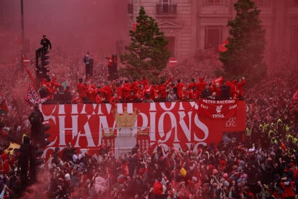 LIVERPOOL, ENGLAND - Monday, May 26, 2025: Liverpool players during an open top bus parade through the city as the Reds celebrate winning the FA Premier League and becoming Champions of England for the 20th time. (Photo by David Rawcliffe/Propaganda)