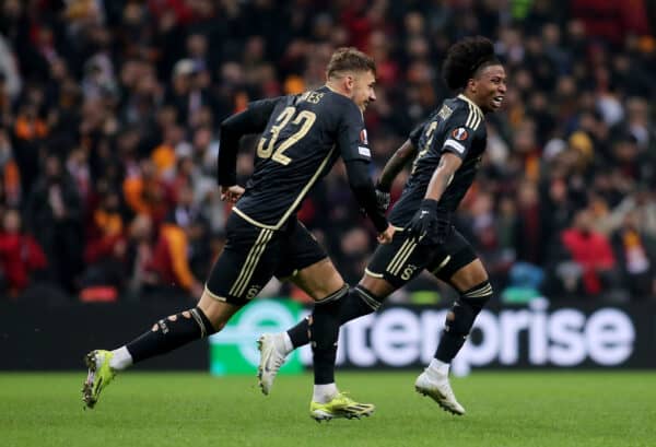 ISTANBUL, TURKEY - FEBRUARY 15: Angelo Preciado of Sparta Prague (R) celebrates with teammate Matej Rynes after scoring his team's first goal during the UEFA Europa League 2023/24 round of 16 first leg match between Galatasaray A.S. and AC Sparta Praha at Ali Sami Yen Arena on February 15, 2024 in Istanbul, Turkey. (Photo by Ahmad Mora - UEFA/UEFA via Getty Images)