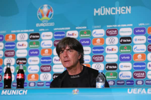 MUNICH, GERMANY - JUNE 14: In this Handout picture provided by UEFA, Joachim Loew, Head Coach of Germany speaks to the media during the Germany Press Conference ahead of the Euro 2020 Group F match between France and Germany at Fussball Arena Muenchen on June 14, 2021 in Munich, Germany. (Photo by UEFA/UEFA via Getty Images)