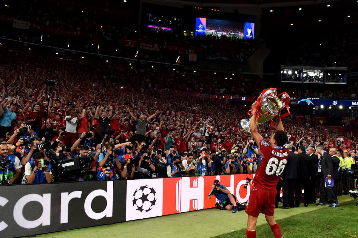 Trent Alexander-Arnold of Liverpool lifting the UEFA Champions League trophy at the end of the UEFA Champions League Final between Tottenham Hotspur and Liverpool at Estadio Wanda Metropolitano on June 01, 2019 in Madrid, Spain. (Photo by Andrew Powell/Liverpool FC via Getty Images)