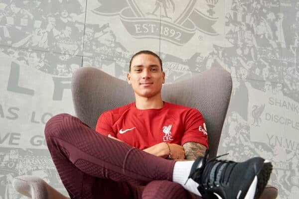 Darwin Nunez signs for Liverpool FC at AXA Training Centre on June 14, 2022 in Kirkby, England. (Photo by Nick Taylor/Liverpool FC/Liverpool FC via Getty Images)