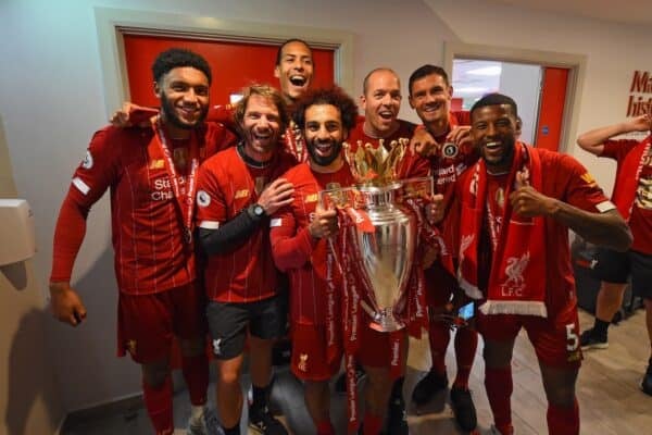 Mo Salah, Premier League trophy, Anfield, 2020, Gomez, Wijnaldu,, Van Dijk (Photo by Andrew Powell/Liverpool FC via Getty Images)