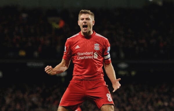 Steven Gerrard of Liverpool celebrates after scoring the opening goal during the Carling Cup Semi-Final first leg match between Manchester City and Liverpool at Etihad Stadium on January 11, 2012 in Manchester, England. (Photo by John Powell/Liverpool FC via Getty Images)