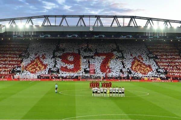 Mosaic in the Kop to commemorate Hillsborough before the UEFA Champions League Quarter Final Leg Two match between Liverpool FC and SL Benfica at Anfield on April 13, 2022 in Liverpool, England. (Photo by John Powell/Liverpool FC via Getty Images)