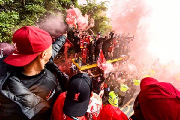 Liverpool players and staff engaging during the Liverpool trophy parade on May 29, 2022 in Liverpool, England. (Photo by Andrew Powell/Liverpool FC via Getty Images)