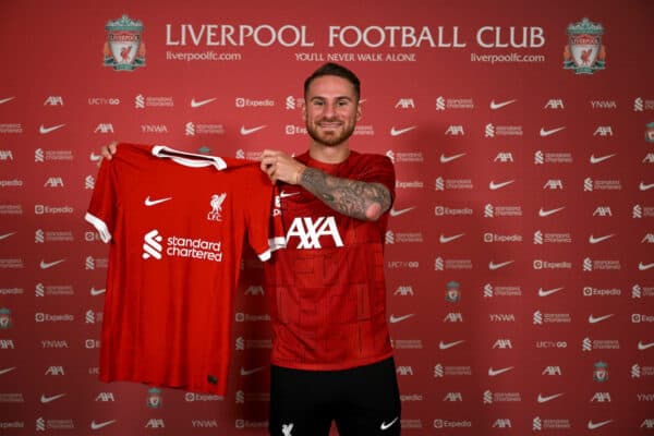 Alexis Mac Allister signing for Liverpool Football Club at AXA Training Centre on June 08, 2023 in Kirkby, England. (Photo by Andrew Powell/Liverpool FC via Getty Images)