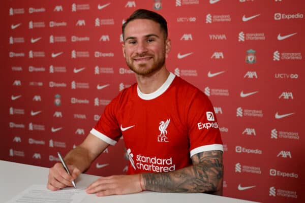 Alexis Mac Allister signing for Liverpool Football Club at AXA Training Centre on June 08, 2023 in Kirkby, England. (Photo by Andrew Powell/Liverpool FC via Getty Images)