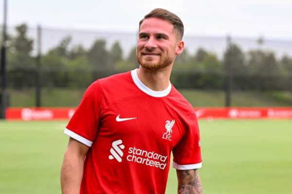 Alexis Mac Allister signing for Liverpool Football Club at AXA Training Centre on June 08, 2023 in Kirkby, England. (Photo by Andrew Powell/Liverpool FC via Getty Images)