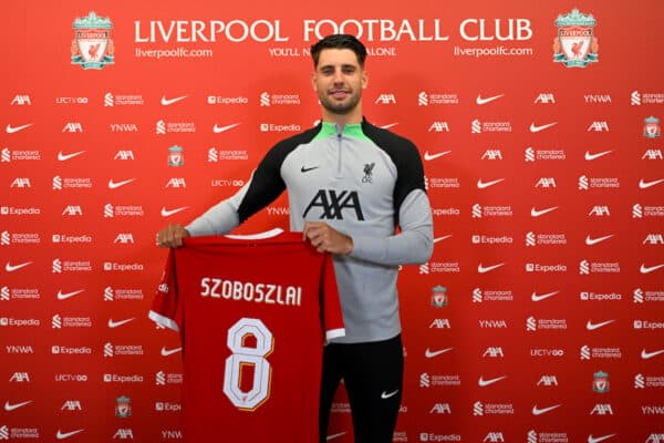 Dominik Szoboszlai new signing for Liverpool at AXA Training Centre on July 02, 2023 in Kirkby, England. (Photo by Andrew Powell/Liverpool FC via Getty Images)