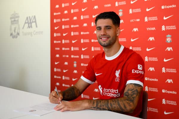 Dominik Szoboszlai new signing for Liverpool at AXA Training Centre on July 02, 2023 in Kirkby, England. (Photo by Andrew Powell/Liverpool FC via Getty Images)